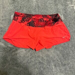 Nike Dri Fit Running Shorts Women Red Black Camo Print Zipper Pocket Sz S